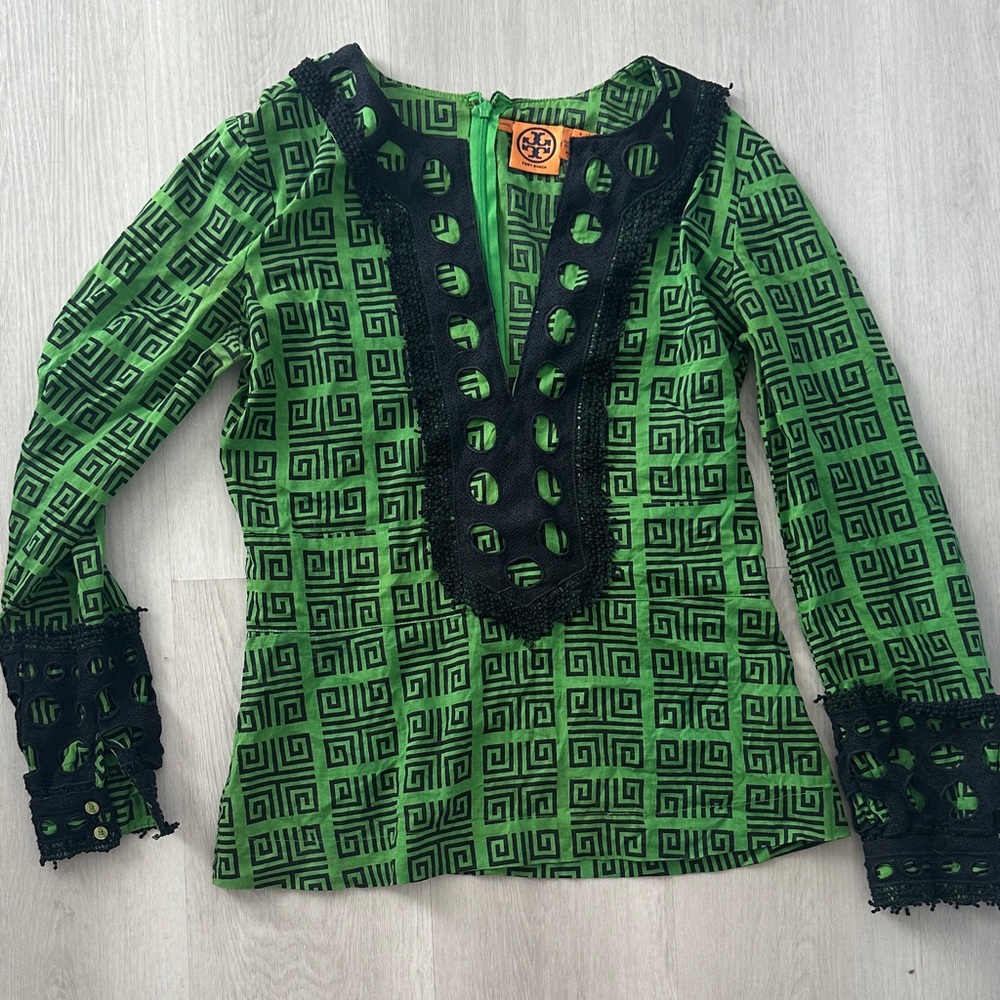 Tory Burch Tunic Size 4 Green and Black Patterned Top